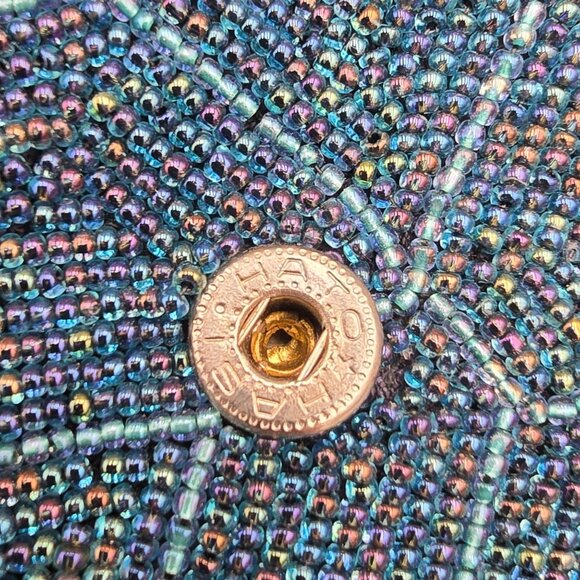 VTG Beaded Purse Made in Japan Blue Mosaic Iridescent Evening Bag Top Handle 60s - Picture 8 of 14